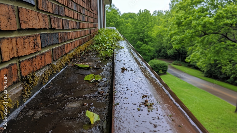 Clogged Gutter: A close-up shot of a clogged rain gutter on a building, filled with leaves, debris, and standing water, reflecting the need for maintenance and repair.