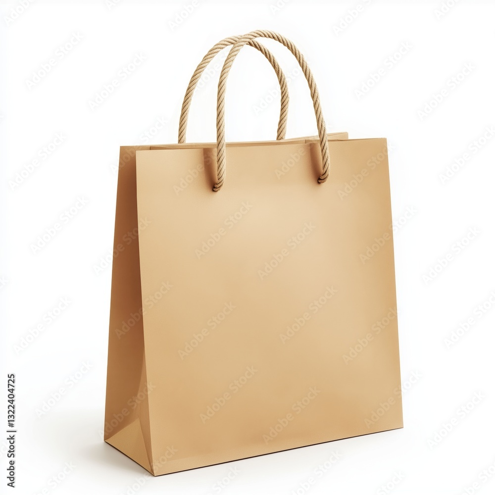 light beige kraft paper shopping bag with double handles made of a small light brown rope-like material. isolated on white background light beige kraft paper shopping bag with double handles made of a small light brown rope-like material. isolated on white background
