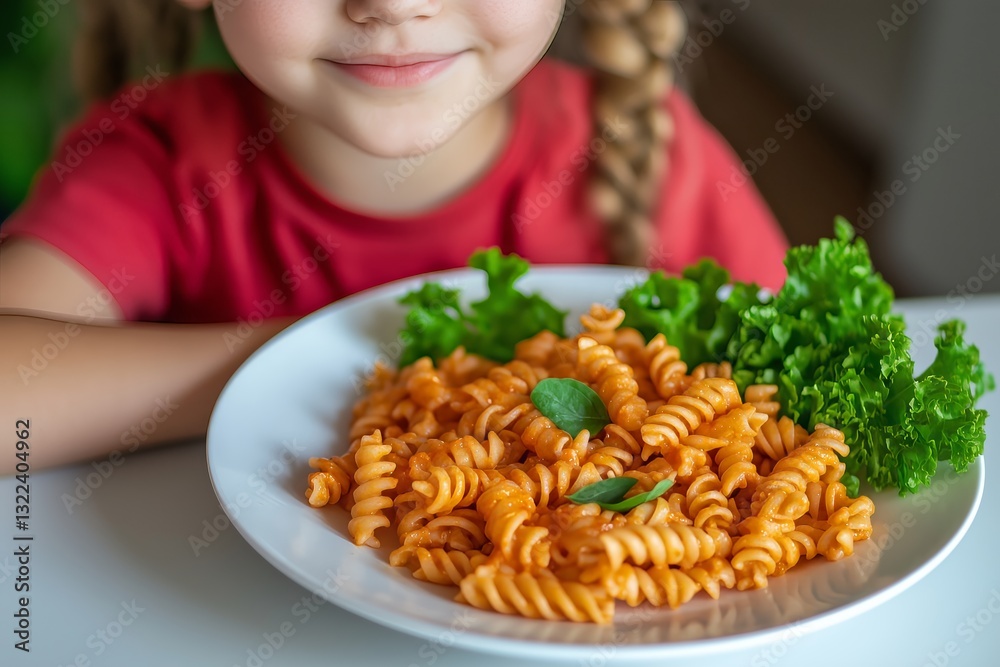 Pasta Delight: A young child smiles with anticipation at a plate of appetizing spiral pasta and fresh lettuce, creating a sense of delight and healthy eating.