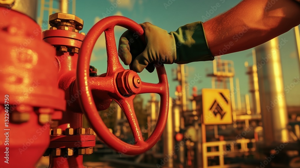 Turning the Valve: A close-up shot of a hand in protective gloves turning a large red valve, set against the backdrop of an industrial facility under a radiant sun.
