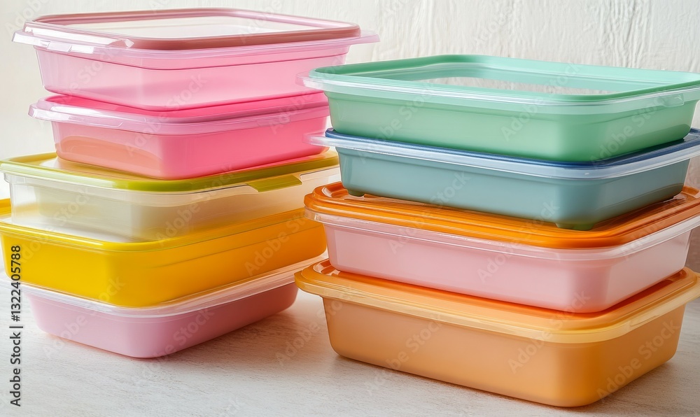 Set of stackable plastic containers in various colors and sizes, ideal for food storage and organization. Each container has a clear lid and a snap-top Set of stackable plastic containers in various colors and sizes, ideal for food storage and organization. Each container has a clear lid and a snap-top