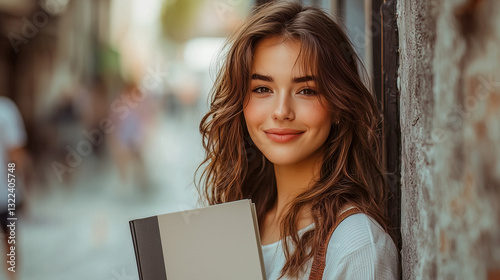 Young Woman Smiling Outdoors Holding a Book and Facing the Camera