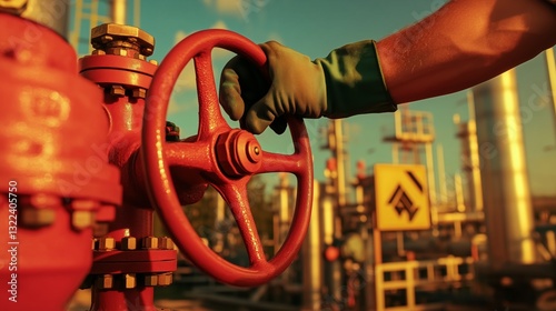 Obraz na płótnie Turning the Valve: A close-up shot of a hand in protective gloves turning a large red valve, set against the backdrop of an industrial facility under a radiant sun. w salonie