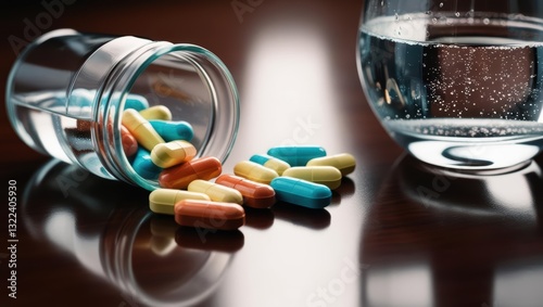 Close-up of Various Pills Next to a Glass of Water on a Wooden Table, Representing Medication and Healthcare.