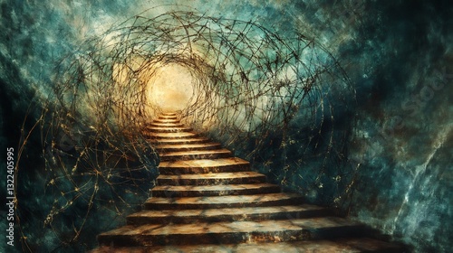 Artistic depiction of entropy showcasing symbolic pathways interwoven layers for disorder and randomness