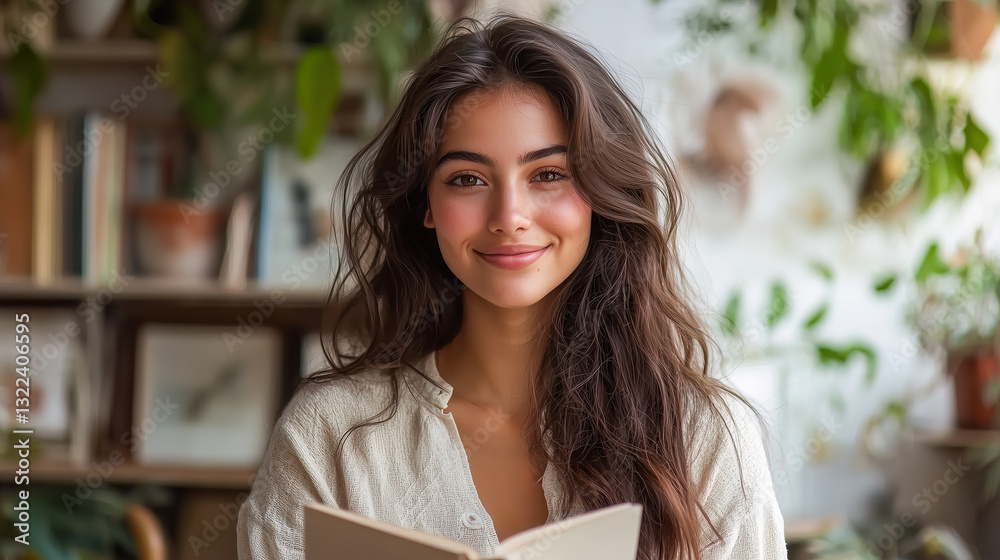 Beautiful Woman Smiling While Reading a Book in a Green Indoor Space