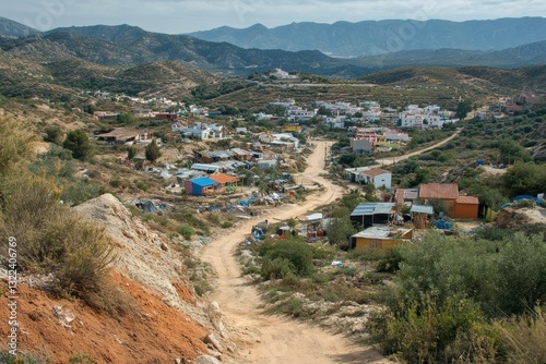 A small rural village in a mountainous landscape features dirt roads, rustic houses, and scattered vegetation. The scene captures a simple lifestyle in a remote community.