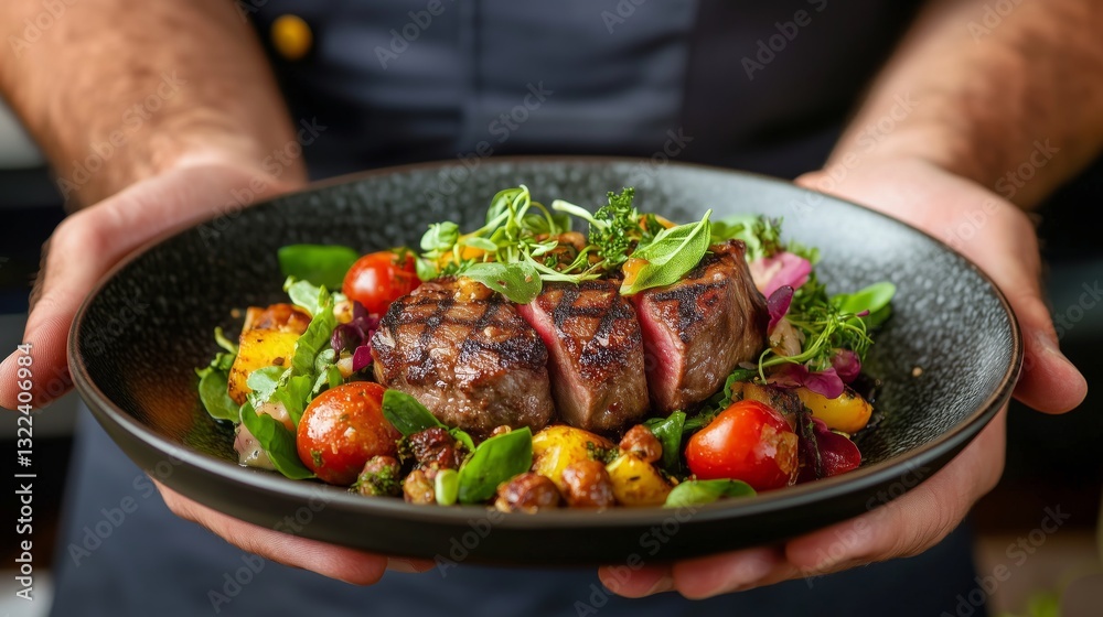 Gourmet Delight: A chef presents a meticulously plated dish of grilled steak and fresh salad, capturing the essence of culinary art.