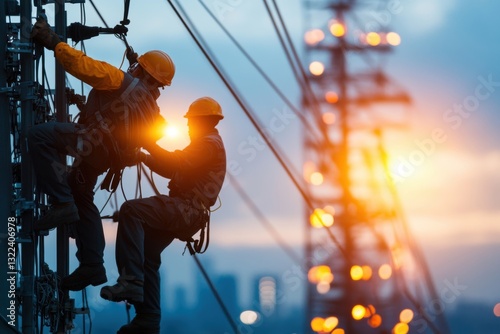 Two utility workers climb a power tower at sunset, securing cables and ensuring electricity supply. Their teamwork and dedication highlight the dangers of the job.