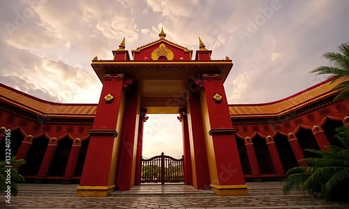 the entrance to the Royal Palace in Phnom Penh, Cambodia,  with  a red and gold arch  and  a cloudy sky  in the background