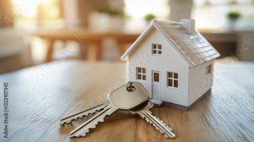 Symbolizing homeownership miniature house and keys in sunlit kitchen