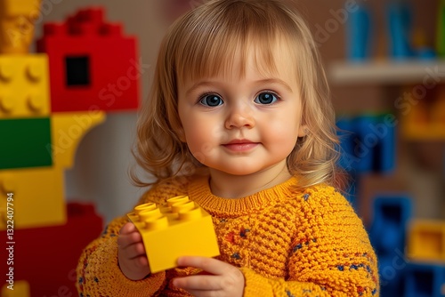 Sweet Child at Play: A charming toddler with captivating blue eyes beams with pure innocence as they playfully engage with building blocks in a bright and inviting setting.
