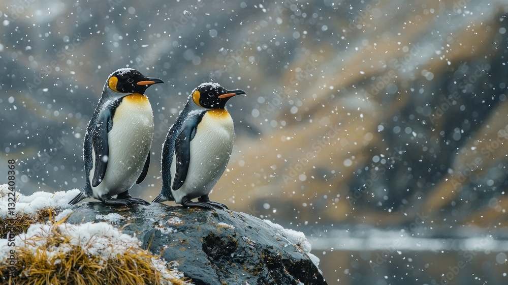 Fototapeta premium A pair of King Penguins huddled together amidst a winter snowstorm landscape