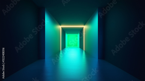 Abstract corridor illuminated by glowing neon lights in blue, green, and yellow, offering a sense of depth and direction. Futuristic backgrounds, conceptual designs concepts