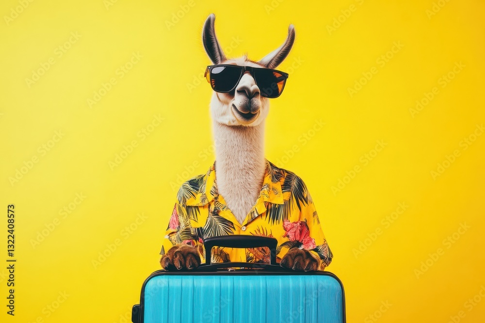 Fototapeta premium llama ready for vacation in tropical shirt and flip-flops