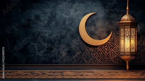 Golden Crescent Moon and Lantern: A warm, ambient glow illuminates a meticulously crafted golden crescent moon and ornate lantern against an elegant, textured backdrop.