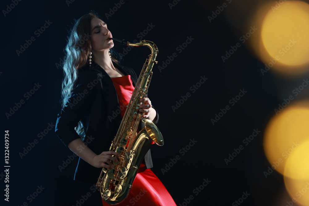 Obraz premium Professional musician playing saxophone on black background with blurred lights. Bokeh effect