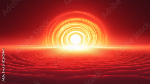 Powerful light emission in a semi-circular arc with radiant rings over a textured surface. Great for energetic visual themes, abstract backgrounds, and creative design work