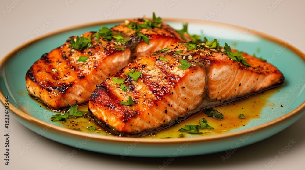 Grilled Salmon Delight: Close-up of expertly grilled salmon fillets with golden brown char marks, drizzled with sauce, and garnished with herbs, served on a decorative plate. Grilled Salmon Delight: Close-up of expertly grilled salmon fillets with golden brown char marks, drizzled with sauce, and garnished with herbs, served on a decorative plate.