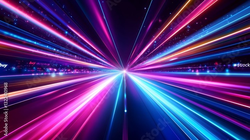 Abstract background with colorful light lines on a dark blue gradient, neon glowing speed lines, and laser beams. Vector illustration of a night road or highway for cars in motion. 