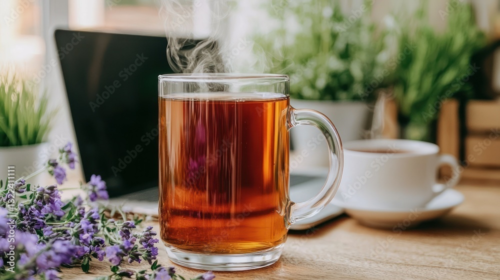 Steaming tea on wooden desk, lavender, laptop, office window Steaming tea on wooden desk, lavender, laptop, office window