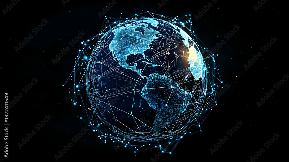 Obraz premium Rotating Blue Digital Earth Globe With Futuristic Network Connections and Data Flow Against a Dark Space Background in 4K Resolution