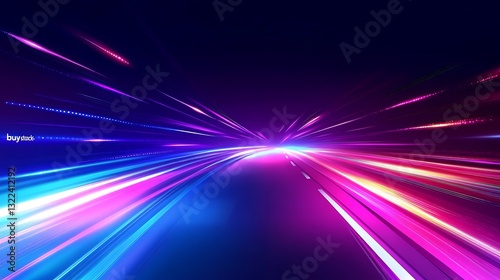 Abstract background with colorful light lines on a dark blue gradient, neon glowing speed lines, and laser beams. Vector illustration of a night road or highway for cars in motion. 