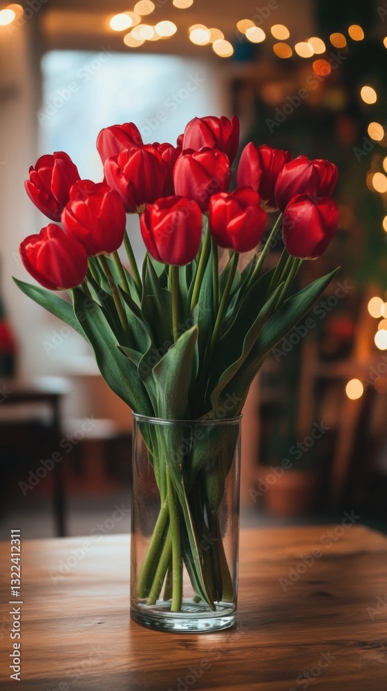 Vase of fresh red tulips on the coffee table with blurred background. Free copy space. Vase of fresh red tulips on the coffee table with blurred background. Free copy space.