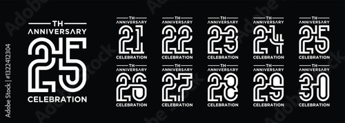 collection of 21 to 29 year anniversary logo designs with creative numbers in white on black background. abstract number design vector illustration