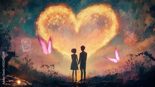An animated depiction of a couple in love, showcasing a romantic love story concept. The illustration highlights affection, connection, and sweet moments between two characters
