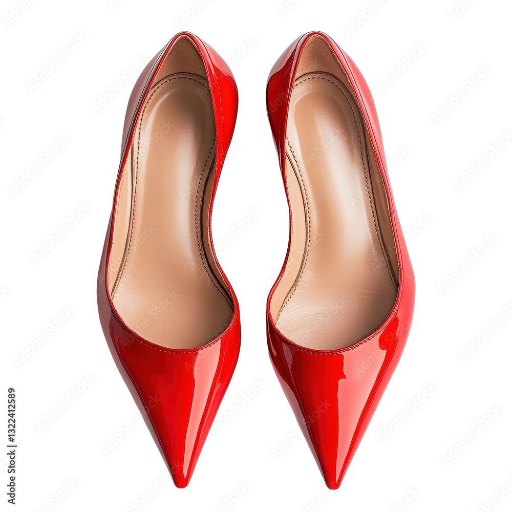 Fototapeta premium Red high heeled shoes with glossy finish on a clean Transparent background for elegant fashion statements, Red High Heeled Shoes on PNG background