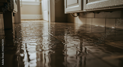 Suelo inundado en una casa, concepto de daño por agua y mantenimiento del hogar