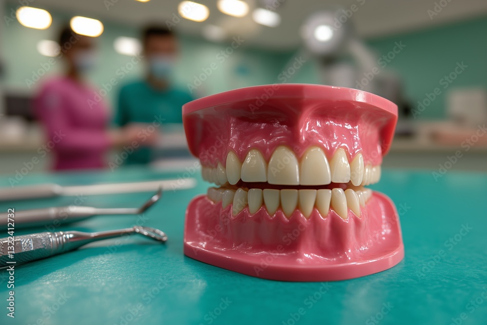Dental Excellence: A close-up shot of a lifelike dental model showcasing perfect teeth, set against the soft focus of a dentist's office, implying expertise and care.