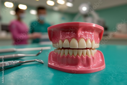Obraz na płótnie Dental Excellence: A close-up shot of a lifelike dental model showcasing perfect teeth, set against the soft focus of a dentist's office, implying expertise and care. w salonie