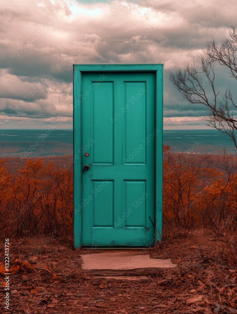 Azure Gateway: A single, vibrant azure door stands as an inviting portal. Framing the door is a scenic view of autumn colors and cloud-filled sky, evoking a sense of wonder.