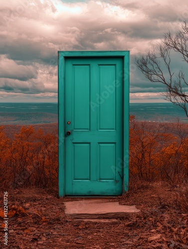 Azure Gateway: A single, vibrant azure door stands as an inviting portal. Framing the door is a scenic view of autumn colors and cloud-filled sky, evoking a sense of wonder. 