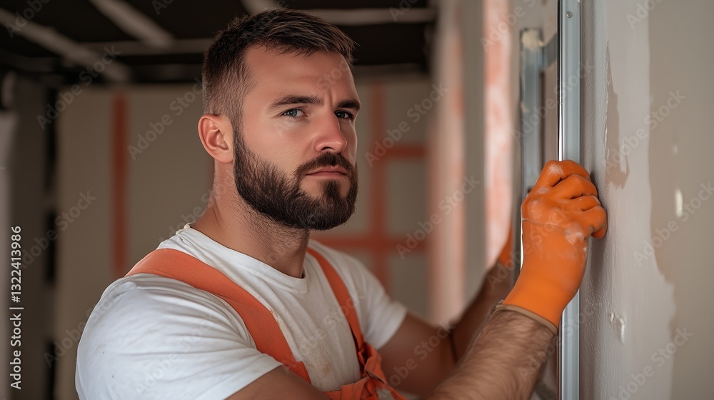 Construction Worker: A skilled construction worker, hands-on at a construction site, expertly works on a wall during renovation, showcasing dedication and craftsmanship.