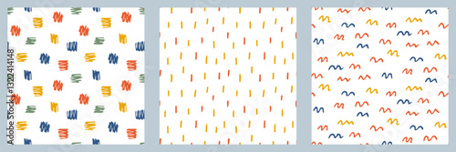 Cute child drawings seamless pattern set. Sketch Doodle colorful scribbles background. Template for textile print, gift wrapping, scrapbook, cover, baby products, packaging