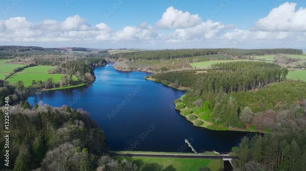 Farms and Forest over Kennick Reservoir from a drone, South West Lakes Trust, Dartmoor National Park, Devon, England Farms and Forest over Kennick Reservoir from a drone, South West Lakes Trust, Dartmoor National Park, Devon, England