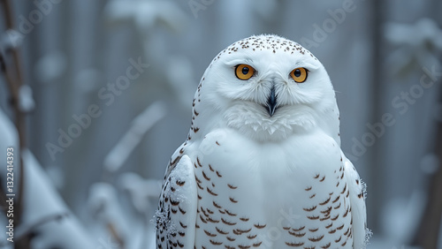 A large, white Snowy Owl with piercing yellow eyes, perched on a snow-covered branch in a wintery forest.