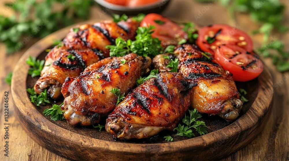 Grilled chicken wings garnished with fresh herbs and served with sliced tomatoes on a wooden platter