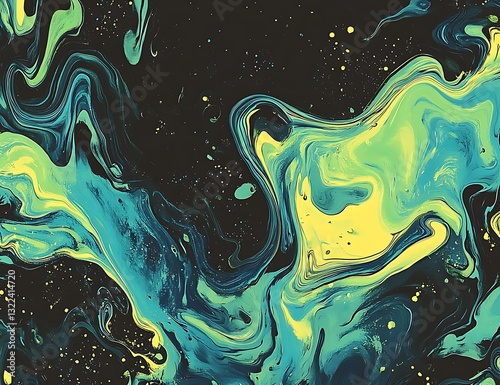 Abstract background with swirling lines in blue, green, and yellow on a black background. 