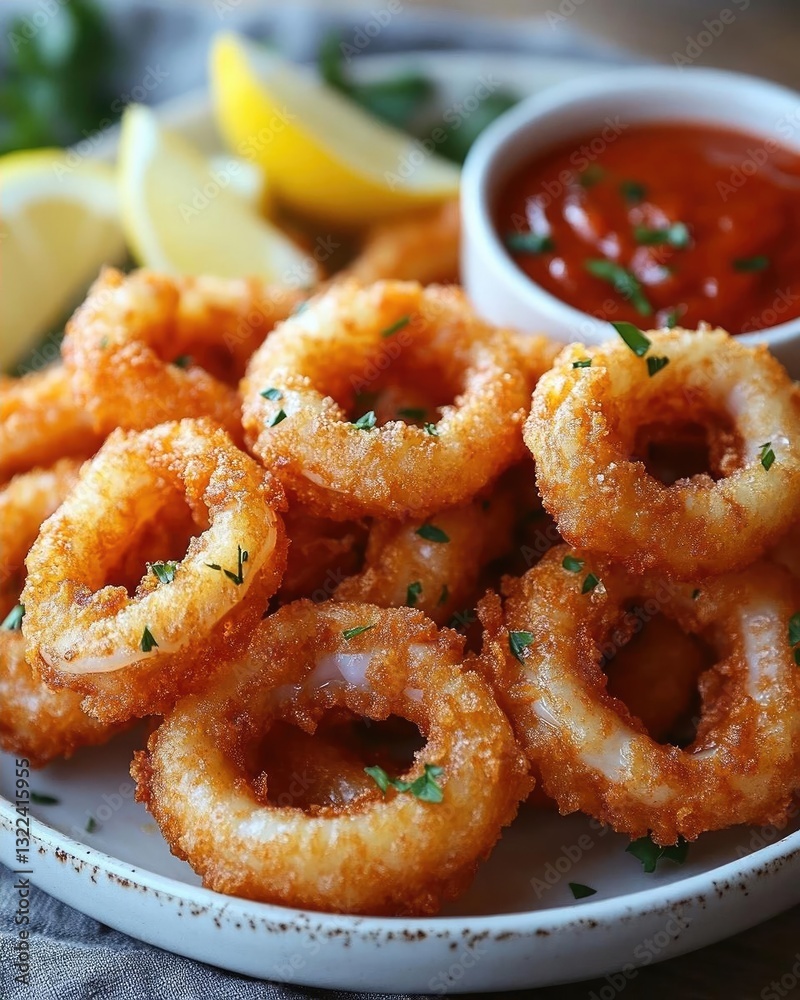 Crispy fried calamari rings served with lemon wedges and marinara sauce on a rustic table Crispy fried calamari rings served with lemon wedges and marinara sauce on a rustic table