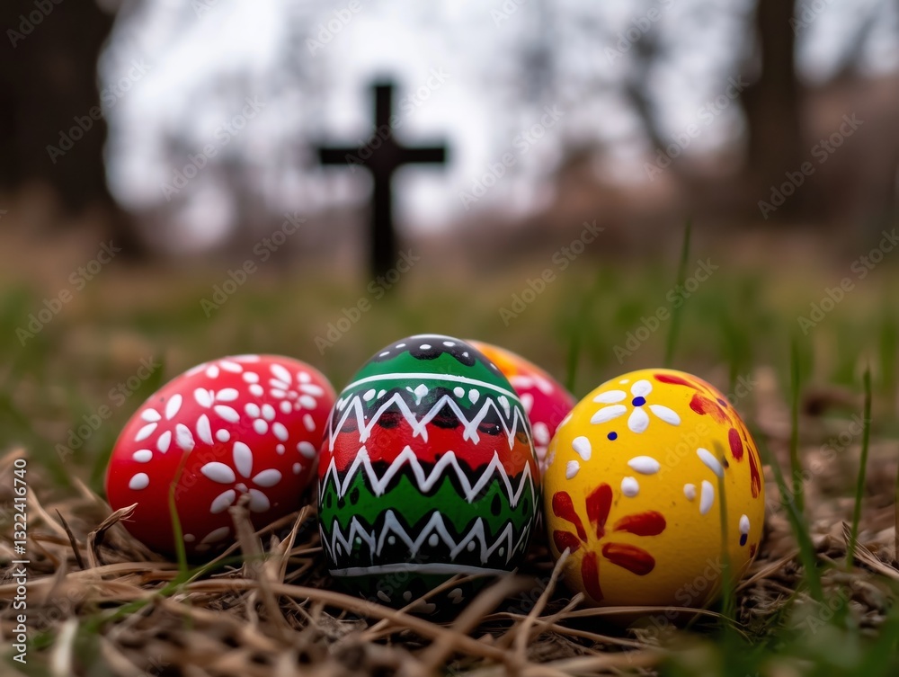 Easter Eggs at Cemetery: Colorful Easter eggs sit in the grass against a blurred cross backdrop. A visual representation of hope and renewal in a spiritual setting.