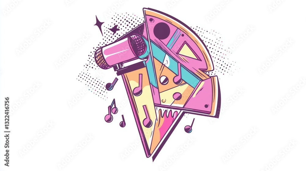 An abstract illustration combines music notes and a microphone with pizza An abstract illustration combines music notes and a microphone with pizza