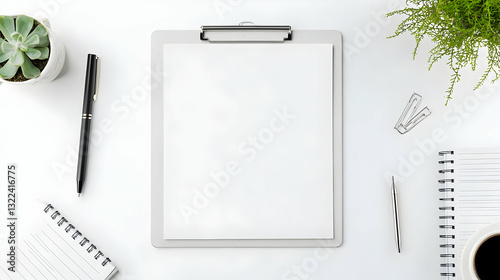 Styled Desk Flatlay With Blank Clipboard Green Plant And Office Supplies On White Tabletop Minimalist Workspace For Creative Professionals