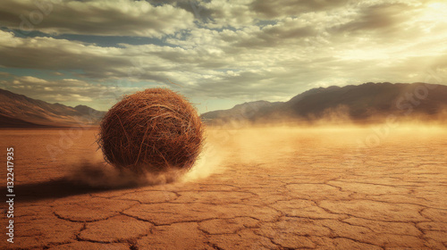A tumbleweed drifts across the arid desert, kicked up by swirling dust in a dry, rugged landscape