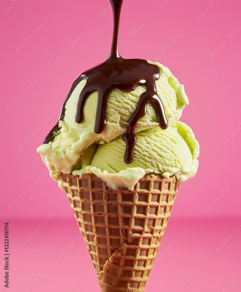 Sweet Indulgence: A double scoop of pistachio ice cream, drizzled with rich chocolate syrup, sits perfectly in a crispy waffle cone, a delightful treat against the pastel backdrop.