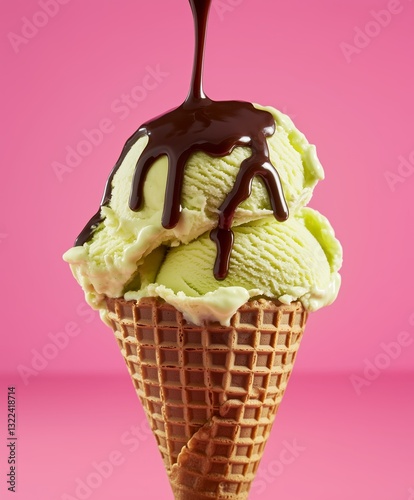 Obraz na płótnie Sweet Indulgence: A double scoop of pistachio ice cream, drizzled with rich chocolate syrup, sits perfectly in a crispy waffle cone, a delightful treat against the pastel backdrop. w salonie