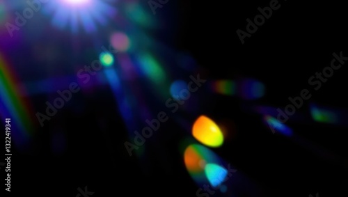 Blurred rainbow refraction overlay effect. Light lens prism effect on black background. Holographic reflection, crystal flare leak shadow overlay. Colorful rainbow disco ball light